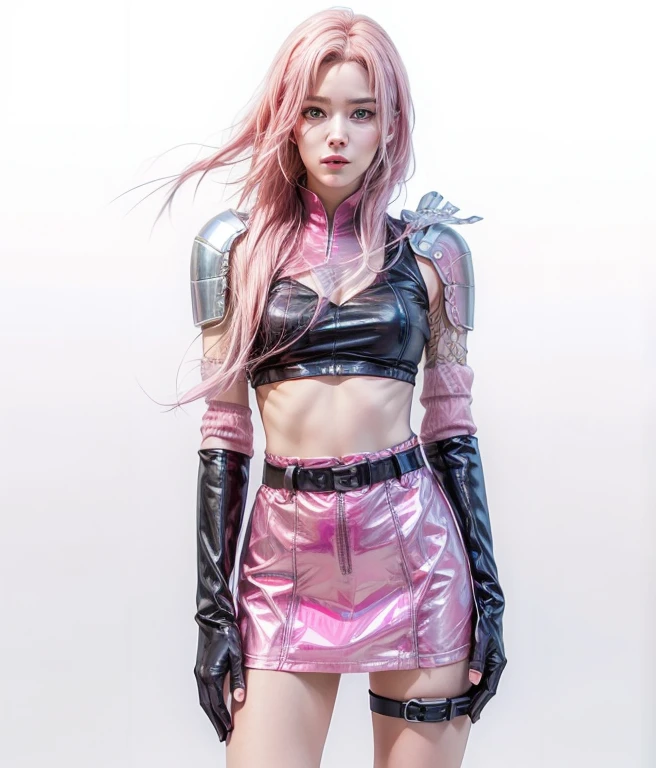 young woman, short shoulder-length pink hair, wide forehead, porcelain skin, pink eyebrows, big emerald green eyes, buttoned nose, full lips, heart-shaped face, slender body, small breasts, red tank top, Sakura Haruno , realistic, realism, details, 3d, well detailed