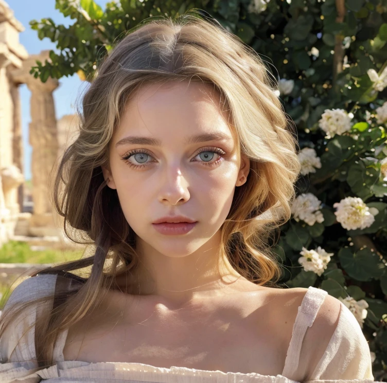 Beautiful girl, blue eyes, long curly white hair, detailed facial traits, white ancient female greek dress, ancient greek constructions behind, naked breasts, flower wreath, building behind