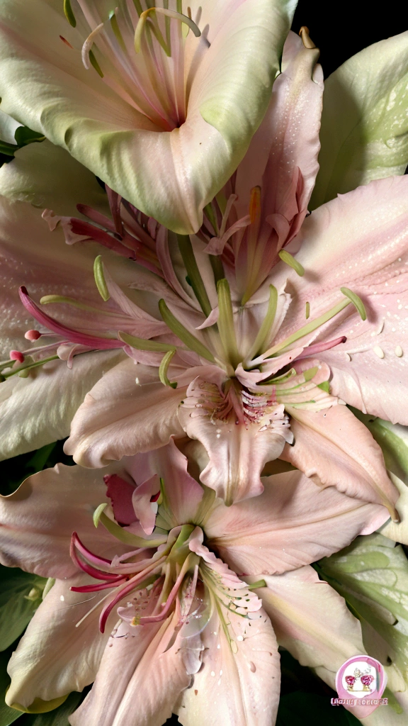 Pink lilies, Stargazer Lilies, photography, macro photo of pink stargazer lilies. Career tattoos, pink lily flowers with white speckles in the petals, in full bloom, two large bright red closed buds at each end of a long stem and four to six short dense leaves