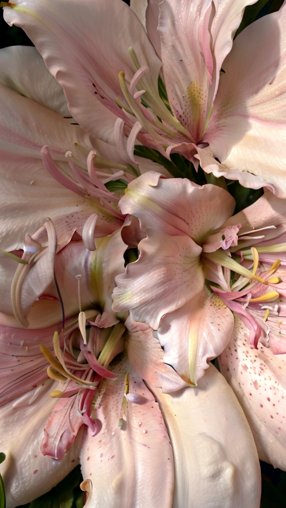 Pink lilies, Stargazer Lilies, photography, macro photo of pink stargazer lilies. Career tattoos, pink lily flowers with white speckles in the petals, in full bloom, two large bright red closed buds at each end of a long stem and four to six short dense leaves