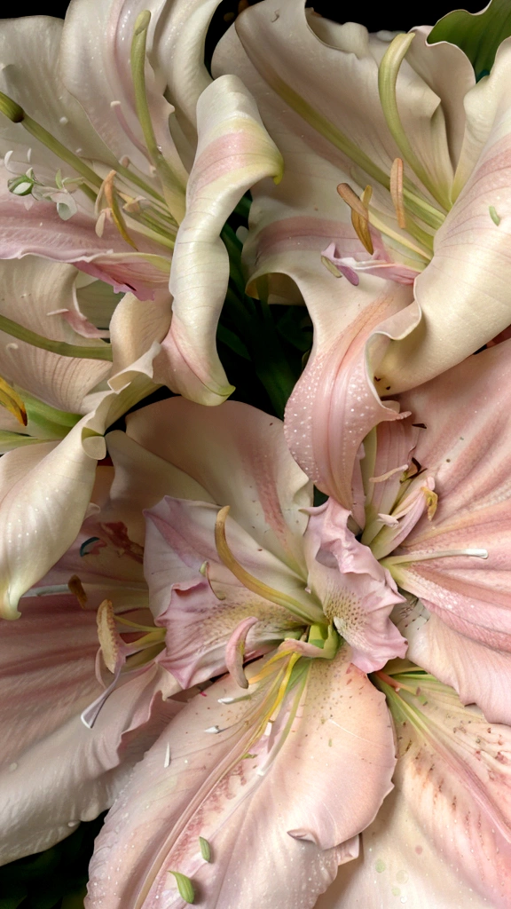 Pink lilies, Stargazer Lilies, photography, macro photo of pink stargazer lilies. Career tattoos, pink lily flowers with white speckles in the petals, in full bloom, two large bright red closed buds at each end of a long stem and four to six short dense leaves