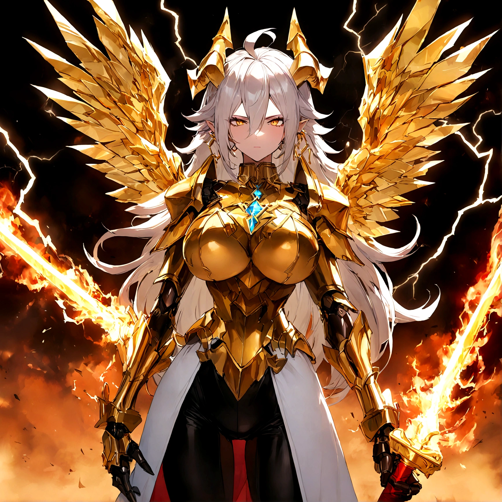 ((Lightning Power)), ((Electricity)), ((Fire Background)), ((Lightning Storm)), ((Power Erupting)),((((android 21 Evil)))), (((white Coat))), (((Busty))), (((((Big breast:1,3)))), luxury bustier corset, (((silver hair))), (((Very slim waist))), propotional body, ((Gorgeous)), (((gold wings))), masterpiece, hyperdetail, ambient effect, digital effect, (((FIRE SWORD)), (((Lightning Sword))), (((Fire Gold Armor))), (((Lightning Gold Wings))), (((Fire Blazing Horns)))
