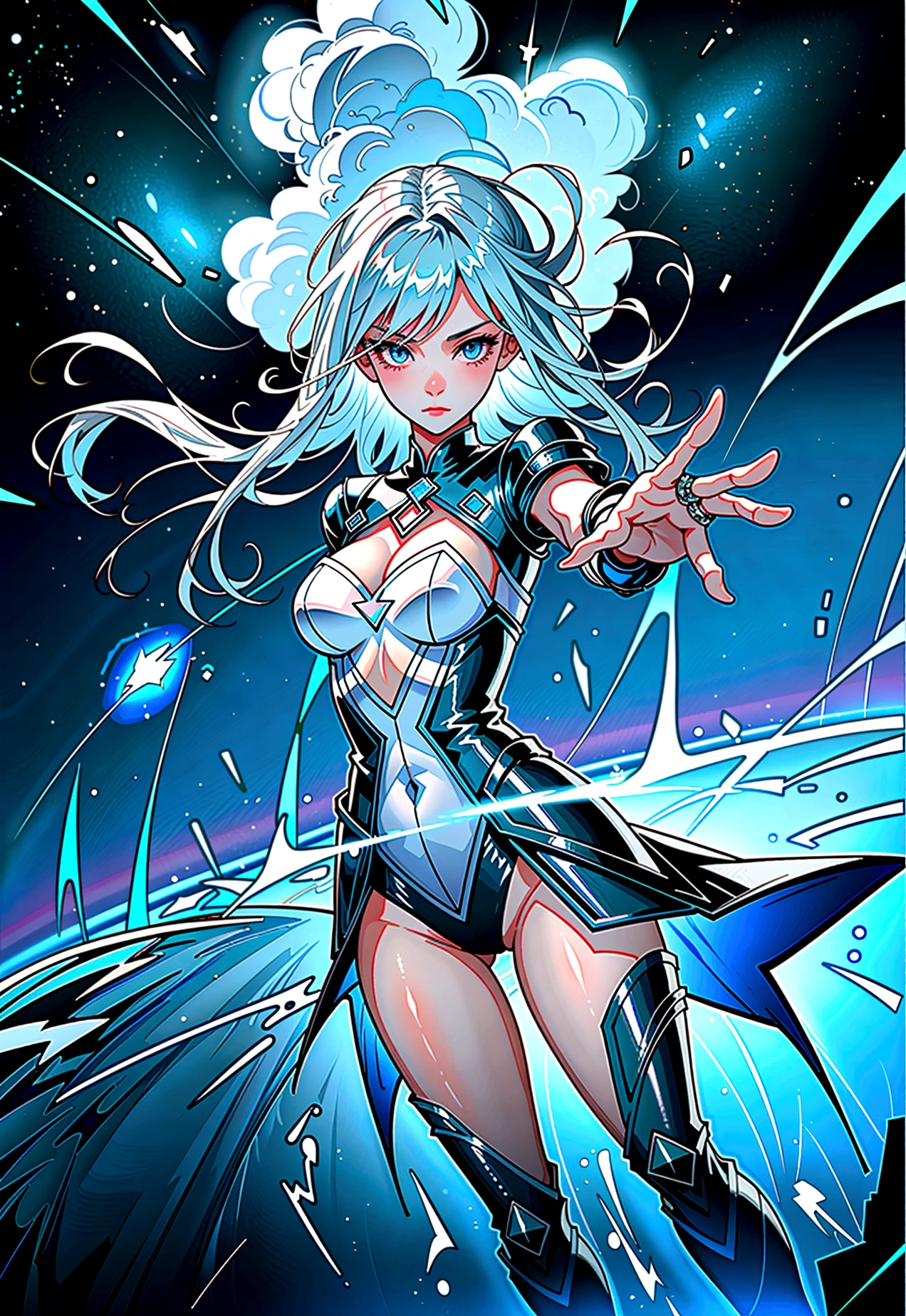 ((full body shot)) of a girl in electrifying, futuristic armor with sleek silver and blue accents, soaring through a stormy, electrified sky. She has short, spiky platinum blonde hair and piercing, electric blue eyes. Her skin has a faint, radiant glow, and she is adorned with intricate lightning bolt motifs. She holds a magnificent staff crackling with arcs of lightning, emitting a powerful, electric aura. The atmosphere is {charged|awe-inspiring}, with thunderclouds and bolts of lightning illuminating the scene. The ground beneath her is charged with static electricity, creating a shimmering effect and adding to the electrifying ambiance. Surrounding her are swirling storm clouds and bursts of lightning in shades of {blue|white}, casting a dynamic, electrical glow. As she flies, she effortlessly manipulates the lightning bolts with her outstretched hand, showcasing her mastery over electricity. The background features towering, swirling storm formations and glimpses of a distant, lightning-lit castle, hinting at a kingdom ruled by thunder and lightning. The scene is intense and majestic, with her face showing a confident yet serene expression, her eyes focused intently on harnessing her power.

[Best quality], [Masterpiece], [Ultra-detailed], [4k], {charged|awe-inspiring} atmosphere, stormy sky, {dynamic pose|commanding pose}, electrified illumination, {soft shadows|dramatic lighting}, {charged ground:0.7}, {swirling storm clouds:0.6}, {bursts of lightning:0.5}, {storm formations:0.4}, {lightning-lit castle:0.3}.