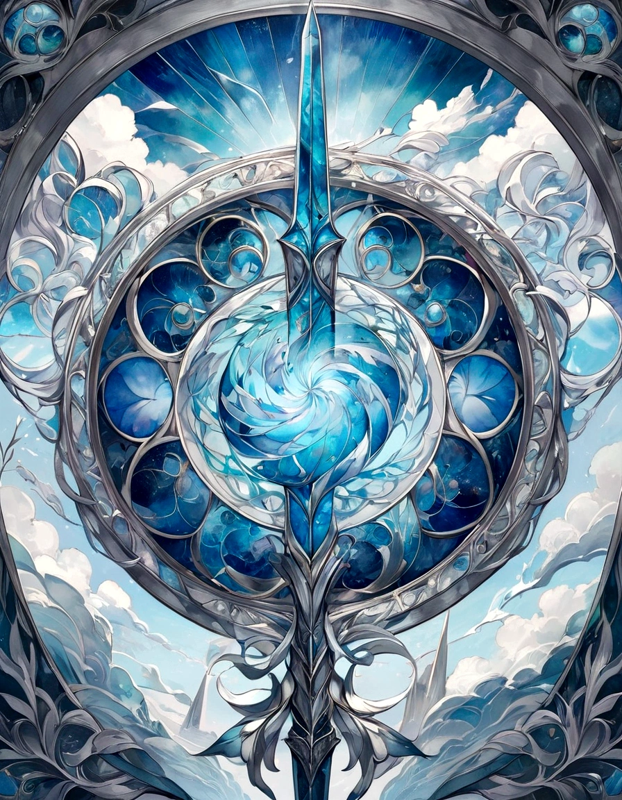 Create a series of images for the element air inspired by the aesthetics of a detailed stained glass window with defined lines and vivid colors as fantasy. Each image should reflect the characteristics of the corresponding element, using an appropriate color palette. The element of air inspired by winds and clouds with white, gray, light blue and silver tones Incorporate elements of air and wind, with light leaves and details in the form of spirals. Symbols or objects such as a spear or scepter with an air motif.
