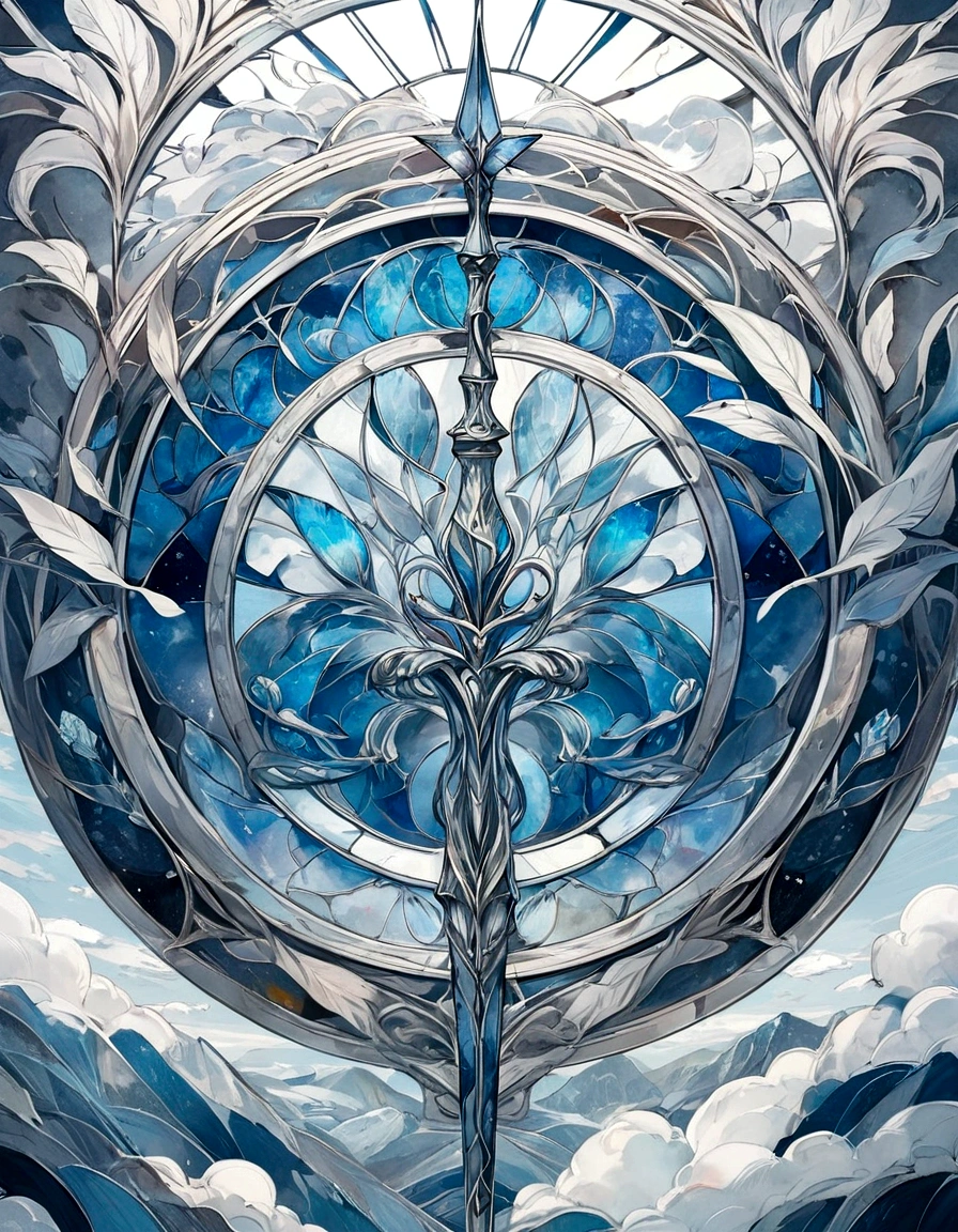 Create a series of images for the element air inspired by the aesthetics of a detailed stained glass window with defined lines and vivid colors as fantasy. Each image should reflect the characteristics of the corresponding element, using an appropriate color palette. The element of air inspired by winds and clouds with white, gray, light blue and silver tones Incorporate elements of air and wind, with light leaves and details in the form of spirals. Symbols or objects such as a spear or scepter with an air motif.