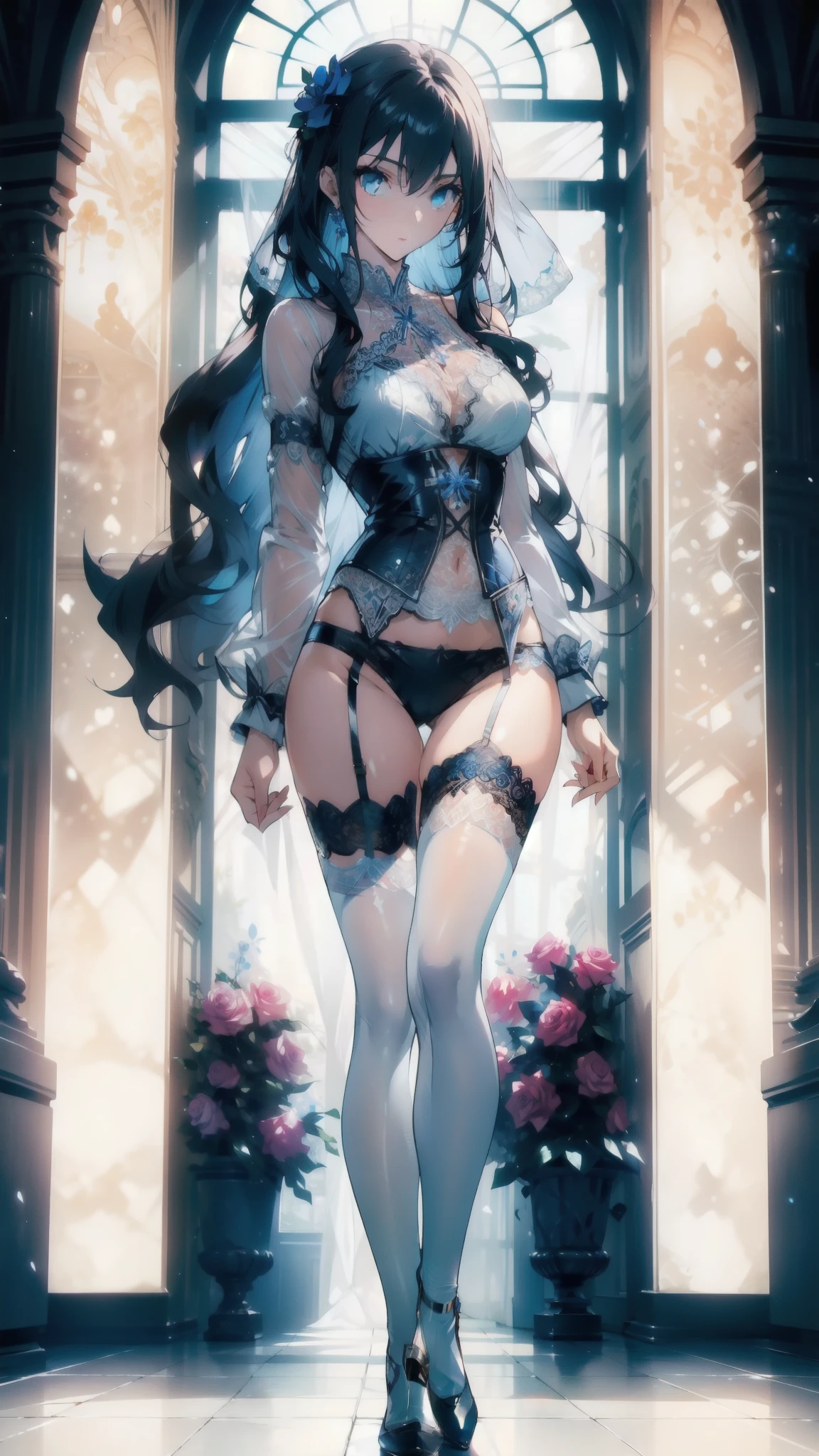 ((masterpiece, best quality)), Delicate face,Saint,whole body,Standing picture,Long legs,Large Breasts,Gradient long wavy hair,Perfect body proportions,Beautiful blue eyes,Extremely beautiful,transparent, Pure white background,Orchid Rose,Sexy_Bikini,Lace,Garter stockings