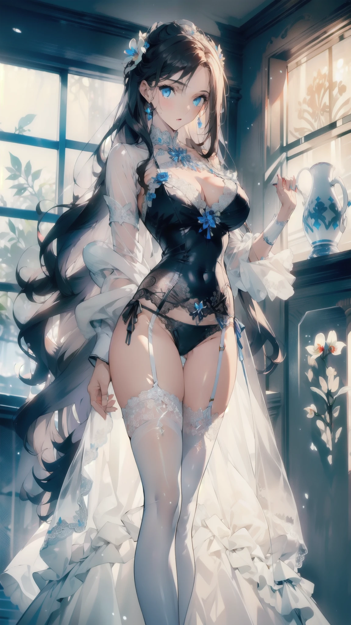 ((masterpiece, best quality)), Delicate face,Saint,whole body,Standing picture,Long legs,Large Breasts,Gradient long wavy hair,Perfect body proportions,Beautiful blue eyes,Extremely beautiful,transparent, Pure white background,Orchid Rose,Sexy_Bikini,Lace,Garter stockings