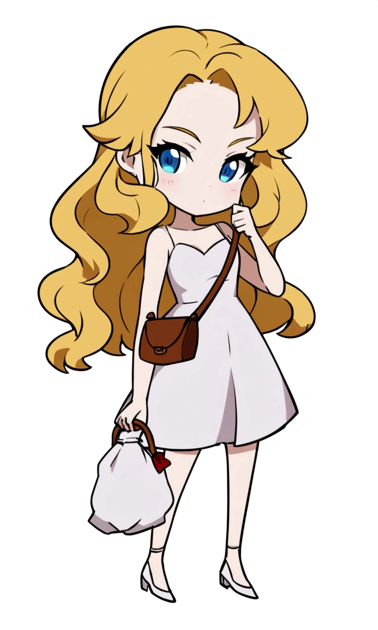 a Drawing of a woman in a white Dress holDing a purse, **** in Dress, Cartoon art style, rough art style, anime style”, coloreD sketch, curly blonDe hair | D & D, Chibi style, Urban girl fan art, anime style character, comics, inspireD by Tina BlonDell, cute cartoon, blonDe girl, nico wearing a white Dress