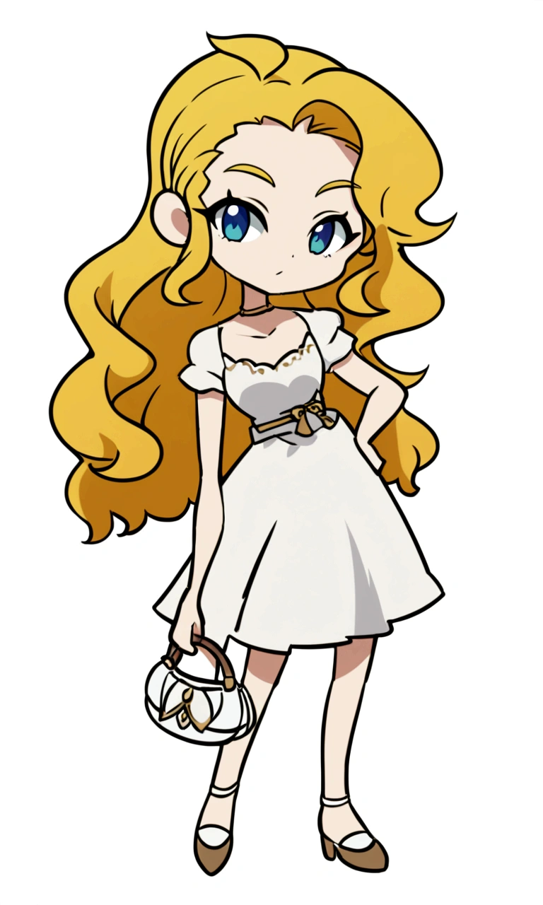 a Drawing of a woman in a white Dress holDing a purse, loli in Dress, Cartoon art style, rough art style, anime style”, coloreD sketch, curly blonDe hair | D & D, Chibi style, Urban girl fan art, anime style character, comics, inspireD by Tina BlonDell, cute cartoon, blonDe girl, nico wearing a white Dress