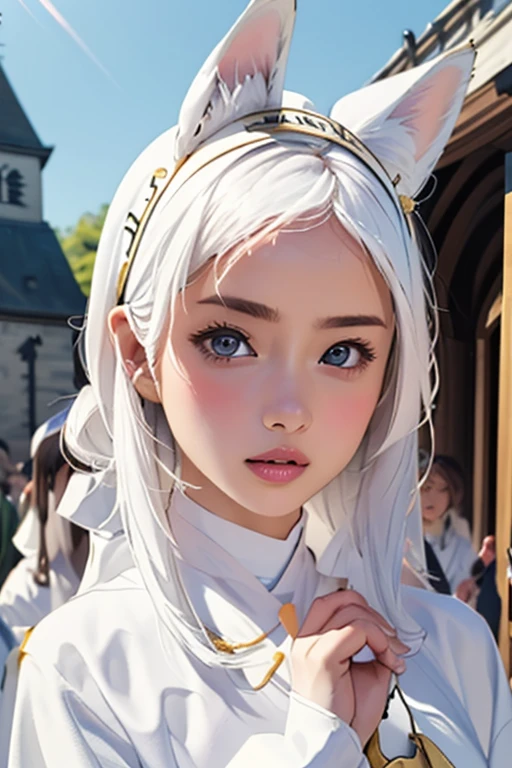 (masterpiece, highest quality), One cute girl、Clergy women、White ceremonial clothing:1.5、Church Sisters、Fox Ears:1.5、White Hair、