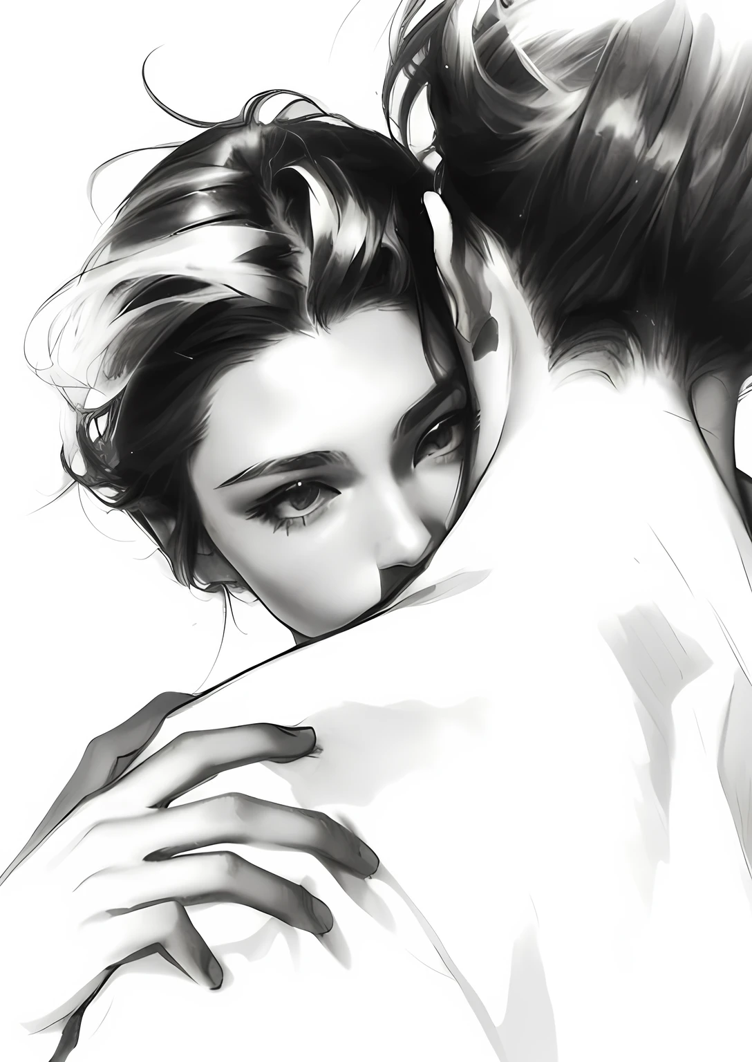 a drawing of a girl hugging his face with his hands, Digital sketch, Drawing with a digital pencil, # 1 digital painting of all times, #1 digital painting of all times, Black and white sketch, black-and-white drawing, digital drawing, mostly shades of gray, Soft Digital Painting, black and white illustration, Hand-drawn digital art, ink digital, hugging