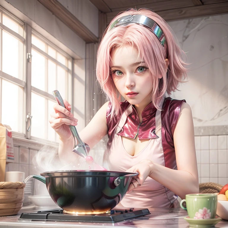 young woman, short shoulder-length pink hair, wide forehead, porcelain skin, pink eyebrows, big emerald green eyes, buttoned nose, full lips, heart-shaped face, slender body, small breasts, red tank top, Sakura Haruno , realistic, realism, details, 3d, well detailed