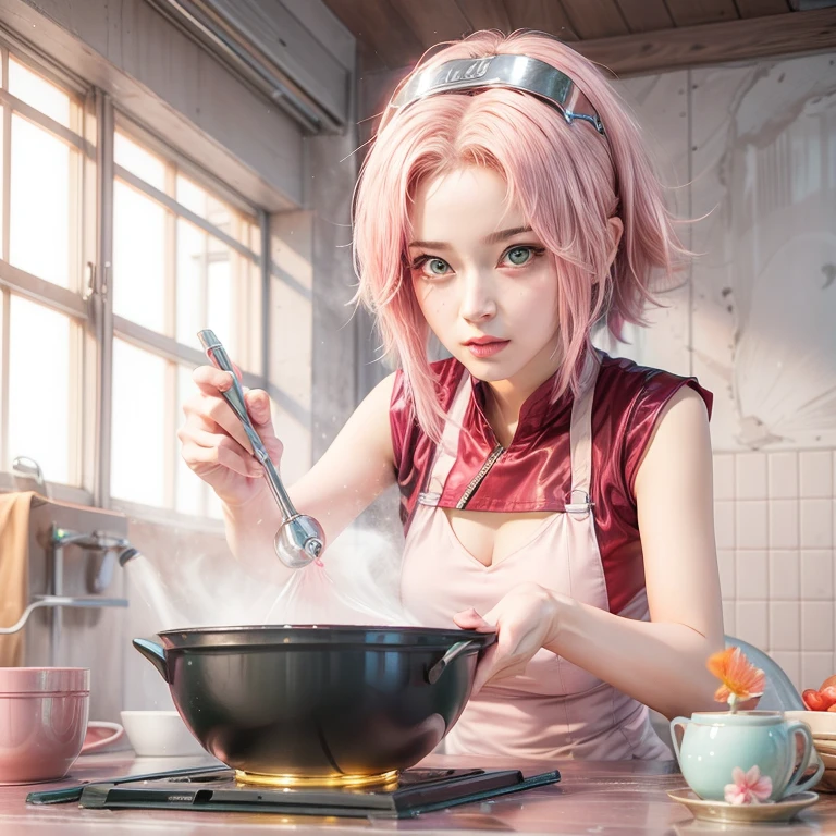 young woman, short shoulder-length pink hair, wide forehead, porcelain skin, pink eyebrows, big emerald green eyes, buttoned nose, full lips, heart-shaped face, slender body, small breasts, red tank top, Sakura Haruno , realistic, realism, details, 3d, well detailed