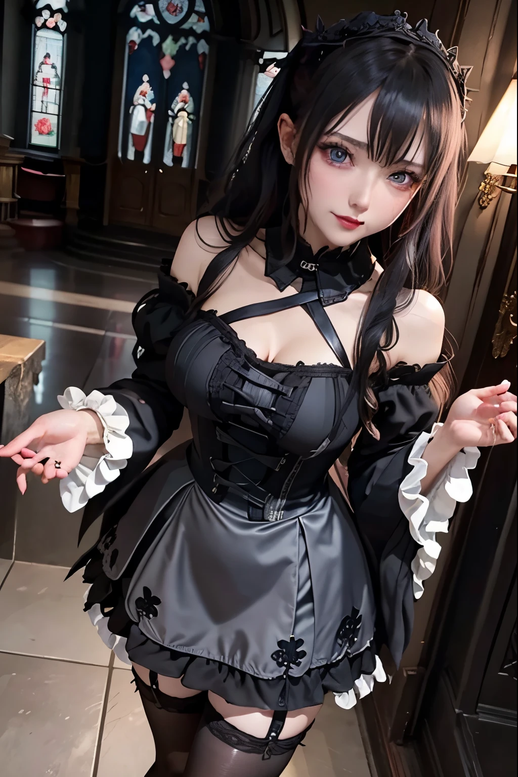 Hard Dark Gothic Makeup、Black dark eyeshadow、sad、Good skin radiance、Dark Gothicメイク、Dark smile、palace、The beauty of fragrance、24-years-old、Expression of intense sexual pleasure、Embarrassed look、Dark Gothic、highest quality、Expression of sexual pleasure amid suffering、Drunk face、紫のMaid clotheysterious、Noble、The face of someone holding it in the toilet、sexy、Loving smile、Twin tail hair、Right blue eye, Left eye is red、Super tempting pose、Platform Heel Shoes、Heavy makeup、Gothic Lolita clothes、Silver Hair、Long Hair Straight Hair、Cute Gothic Lolita Dress、Beautiful Face、elegant features、Attractive face、Stained glass is the background、Chest glistening with sweat、The room is dark、goth long dress、Bell Sleeves、Wizard Sleeve、Decadent look、Sexually excited expression、Glossy thighs wet with water、Thighs that are wet and shiny with oil、Background of a room full of roses、sad expression、Rose Maiden、The embroidery is pink、The dress has pink embroidery.、Thigh-high socks、Knee-high socks、Gentle expression、Dark black eyeshadow、Stained glass and rose background、thighs are a little thin、Female Duo、Female couple、dark church background、Stained glass、Black metal world、Dark Castle、Dark Room、Slender body、gothic long dress、Victorian dress、Her thighs are shining with sweat、My body is wet and shiny、Lots of glitter on the thighs、sweating、My thighs are sticky from sweating、Sweat glistening on my thighs, The whole body is sweaty and shiny、I sweated a lot.、My thighs are sweaty、My thighs are wet、My thighs are shining with sweat、A lot of sweat glistening all over the body、Small breasts、upright、Are standing、Hold the wine in your right hand、Hold the lantern in your left hand、pantyhose、Dynamic Angle、