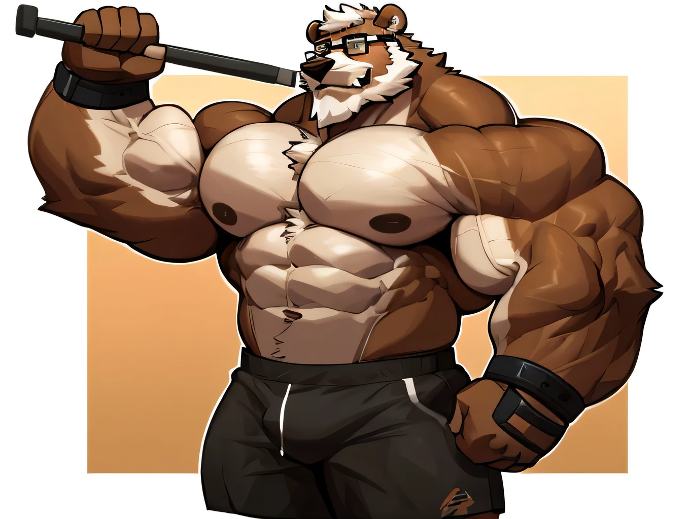 solo, 1boy, Huge Muscular Old Grizzly Bear wearing glasses , pectoral, huge pectoral, wide pectoral, short white hair, short pants black wristbands and shirtless topless, bearded, Mustache, simple background, masterpiece, high detailed, 8k, high resolution, at the gym, flexes huge muscles
