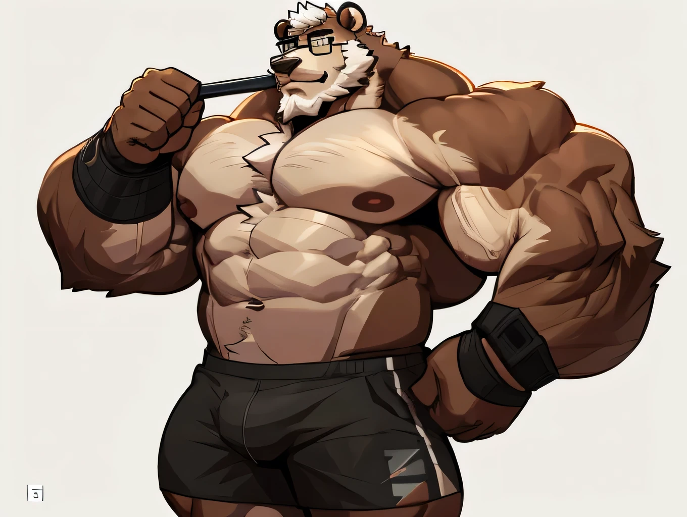 solo, 1boy, Huge Muscular Old Grizzly Bear wearing glasses , pectoral, huge pectoral, wide pectoral, short white hair, short pants black wristbands and shirtless topless, bearded, Mustache, simple background, masterpiece, high detailed, 8k, high resolution, at the gym, flexes huge muscles