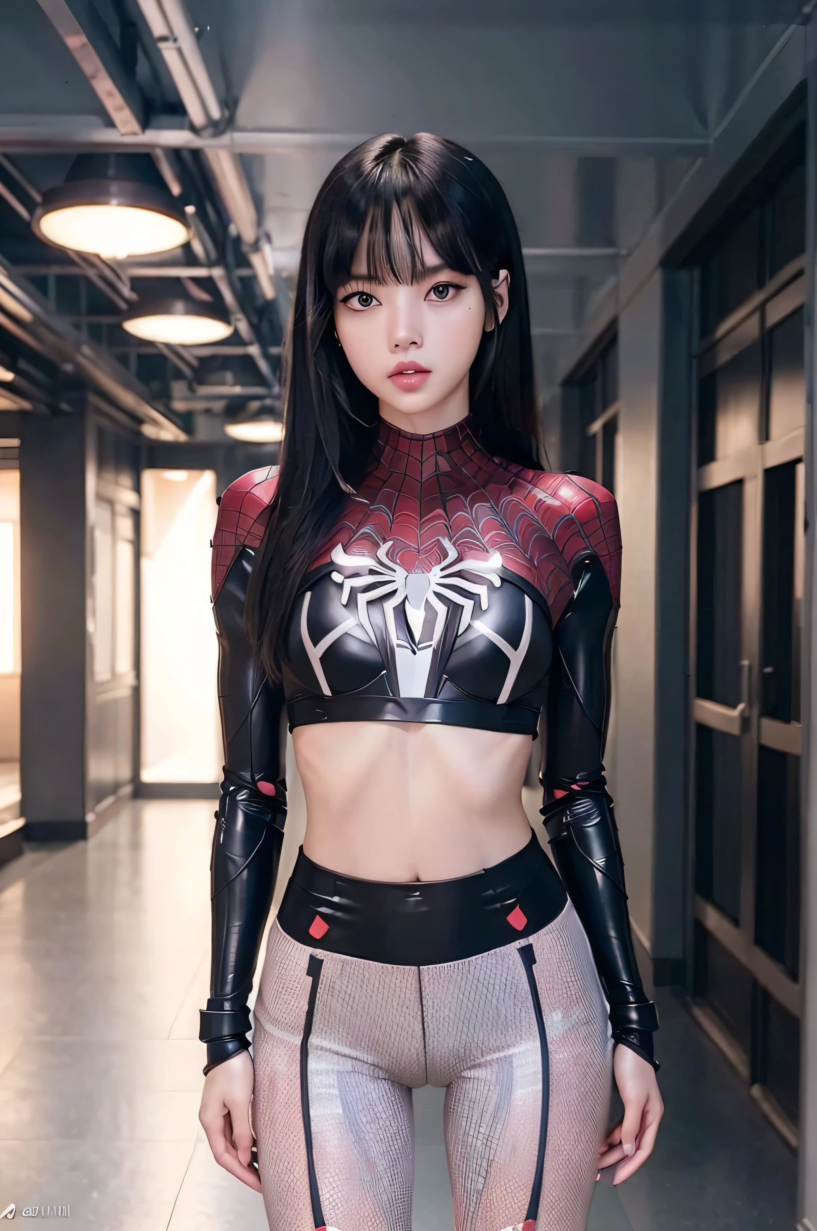 ((masterpiece, 8K, 3D, Realistic, Super Detail)), (1girl:1.3), slender age, Ultra Micro photography, Lisa-Blackpink Super realistic, Perfect face, 16K resolution, 4k resolution, The photo was taken from the Front, facing to the photographer, Foreground photo, dynamic lighting, high-definition resolution, Beautiful features, ((Perfect female Model Slim body)) Beautiful features, Standing pose, ((small hip)), (((2 piece Spider Man armor Hotpants-Bikini))), Sci-fi futuristic, ((Spider Man armor)) ((bionic Fragmented Spider Man chest armor suit)), ((Exposed slim thighs)), wear mesh metal-stockings, ((slim thighs)), ((bionic Slim thighs Steel armor)), Front Full body Shot, full body portrait, perfect legs, shoes, futuristic city background