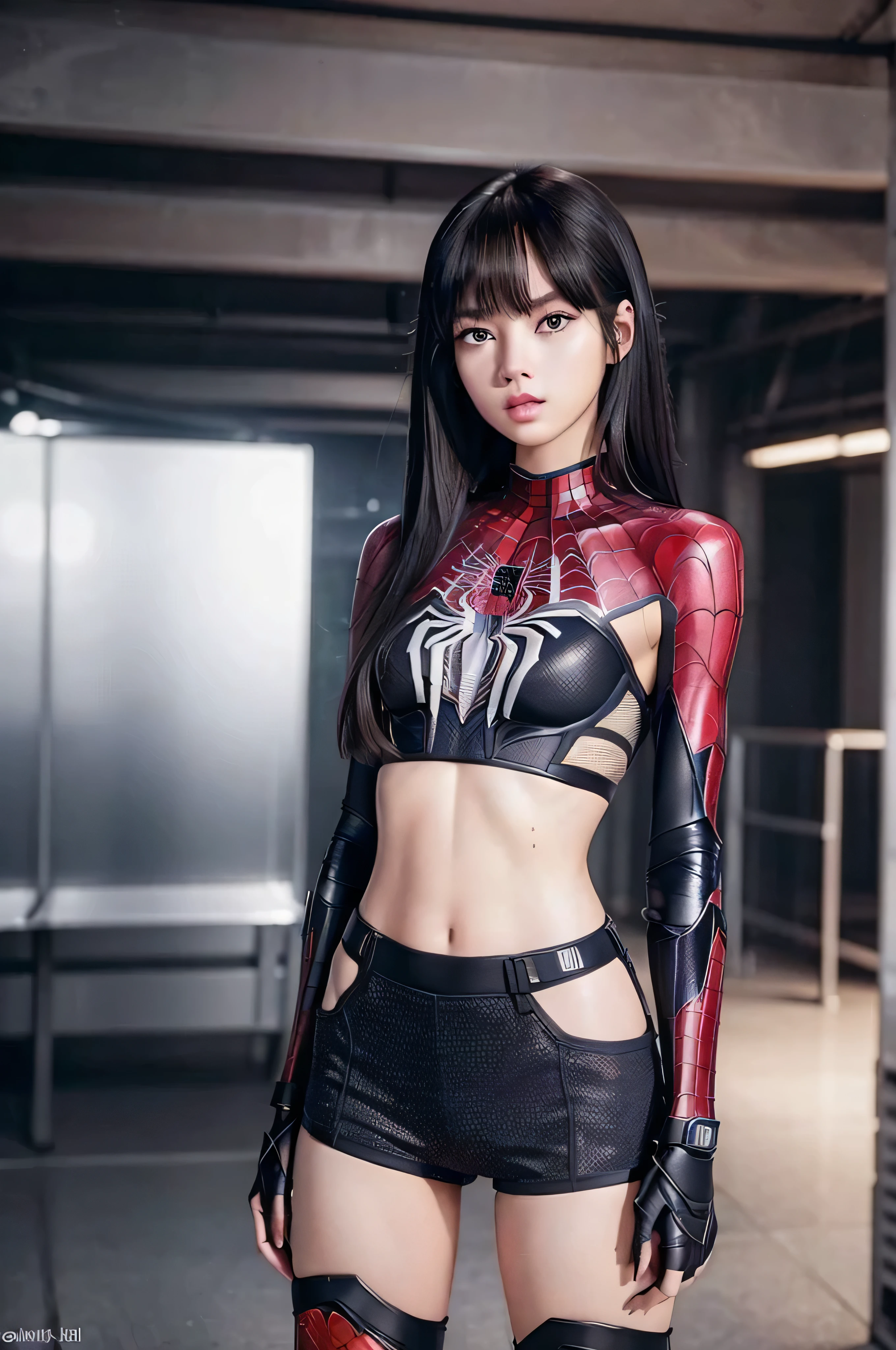 ((masterpiece, 8K, 3D, Realistic, Super Detail)), (1girl:1.3), slender 16 age, Ultra Micro photography, Lisa-Blackpink Super realistic, Perfect face, 16K resolution, 4k resolution, The photo was taken from the Front, facing to the photographer, Foreground photo, dynamic lighting, high-definition resolution, Beautiful features, ((Perfect female Model Slim body)) Beautiful features, Standing pose, ((small hip)), (((2 piece Spider Man armor Hotpants-Bikini))), Sci-fi futuristic, ((Spider Man armor)) ((bionic Fragmented Spider Man chest armor suit)), ((Exposed slim thighs)), wear mesh metal-stockings, ((slim thighs)), ((bionic Slim thighs Steel armor)), Front Full body Shot, full body portrait, perfect legs, shoes, futuristic city background