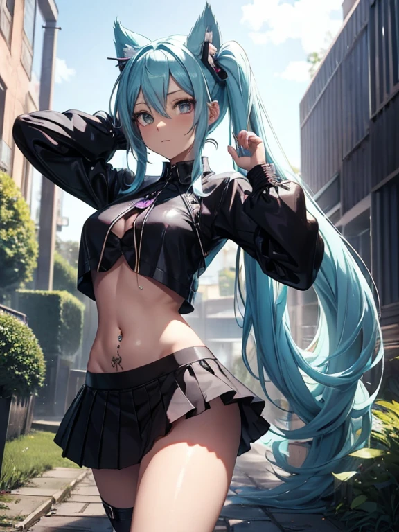 Chica anime, anime style, cute hatsune miku x suicune, shy girl , Orejas de Kitsune, arte de dark natasha, garden landscape, arte de vixen aztra, cuerpo completo, patas hermosas, cintura delgada, caderas amplias, piernas torneadas, hermosa, foto de cuerpo completo, sensual navel blouse, black mini skirt, navel piercing, ear piercing, navel tattoo, shy pose, back pose, hands up, black body, beatifull and detailed hands