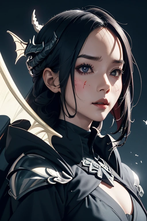 (masterpiece, highest quality)、Cute black dragon knight、Except for his head, he is covered in black, scaly armor.、Fluttering Black Cape、Not scary、Cute Girls、Dragon scales on half of the face、head to waste、