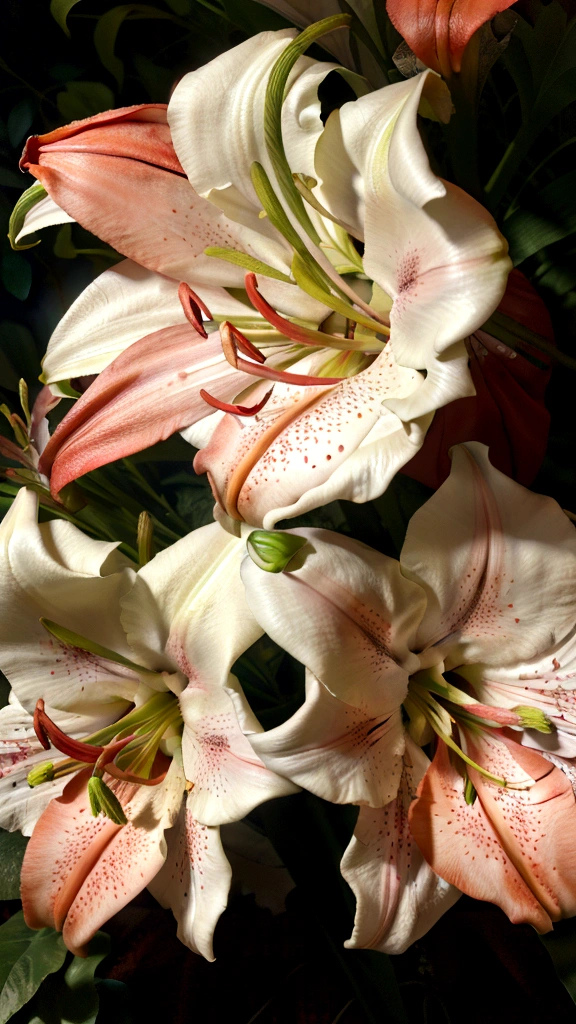 red lilies, Stargazer Lilies, photography, red lily flowers with white speckles in the petals, two large bright red closed buds at each end of a long stem and four to six short dense leaves