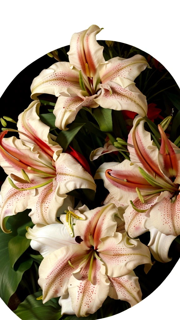 red lilies, Stargazer Lilies, photography, red lily flowers with white speckles in the petals, two large bright red closed buds at each end of a long stem and four to six short dense leaves