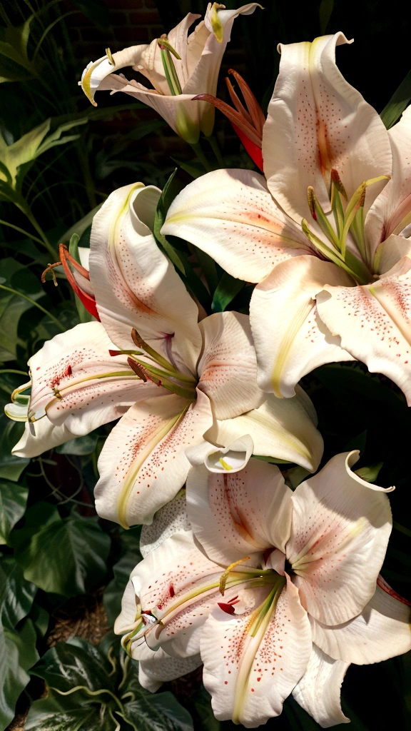 red lilies, Stargazer Lilies, photography, red lily flowers with white speckles in the petals, two large bright red closed buds at each end of a long stem and four to six short dense leaves