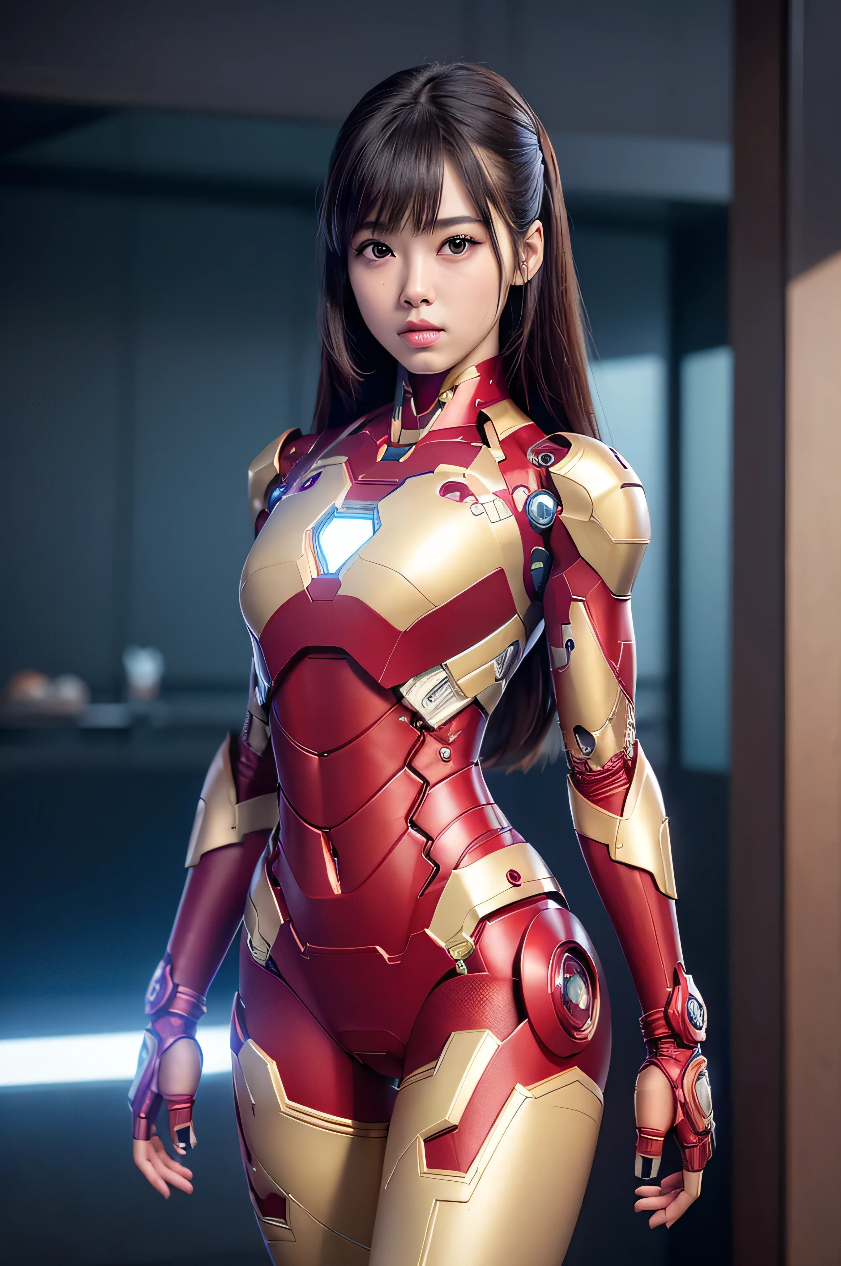 ((masterpiece, 8K, 3D, Realistic, Super Detail)), (1girl:1.3), slender 16 age, Ultra Micro photography, Lisa Blackpink Super realistic, Perfect face, 16K resolution, 4k resolution, The photo was taken from the Front, facing to the photographer, Foreground photo, dynamic lighting, high-definition resolution, Beautiful features, ((Perfect female Model Slim body)) Beautiful features, Standing pose, ((small hip)), (((2 piece Iron man Hotpants-Bikini))), Sci-fi futuristic, ((Iron man armor)) ((bionic Fragmented Iron man chest armor suit)), ((Exposed slim thighs)), wear mesh metal-stockings, ((slim thighs)), ((bionic Slim thighs Iron man armor)), Front Full body Shot, full body portrait, perfect legs, shoes, futuristic city background