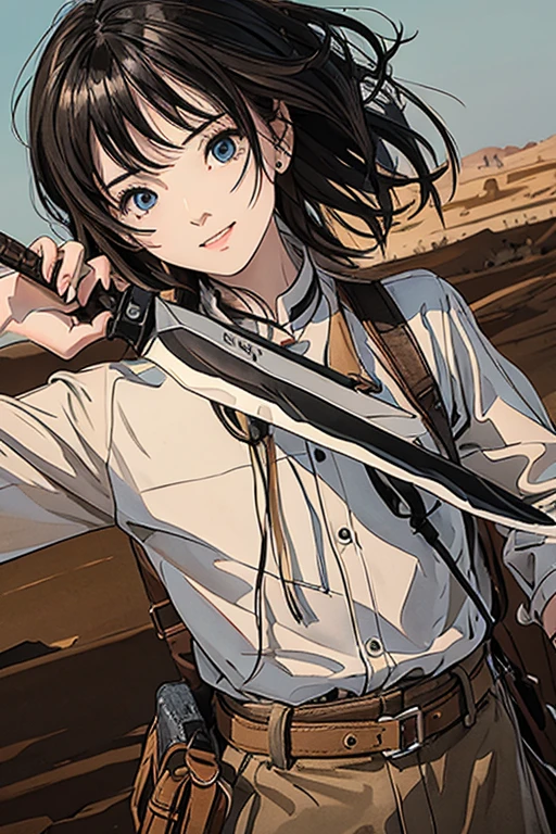 highest quality、masterpiece、High sensitivity、High resolution、detailed、Grin、Torn clothes、In the desert、Survival knife in hand、