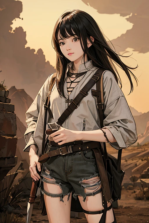 highest quality、masterpiece、High sensitivity、High resolution、detailed、Grin、Torn clothes、In the desert、Survival knife in hand、