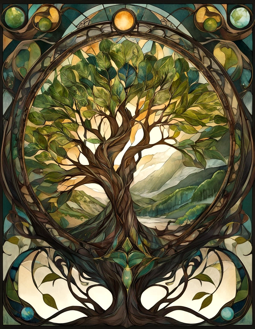 Create a series of images for the element earth inspired by the aesthetics of a detailed stained glass art with defined lines and vivid colors that mimic and remind us of a bygone fantasy era. The element of earth has dark greens, browns, ochers and earth tones. Incorporate leaf and rock elements, with sturdy leaves and branch details. Some symbol or object such as a hammer or staff with an earth motif.