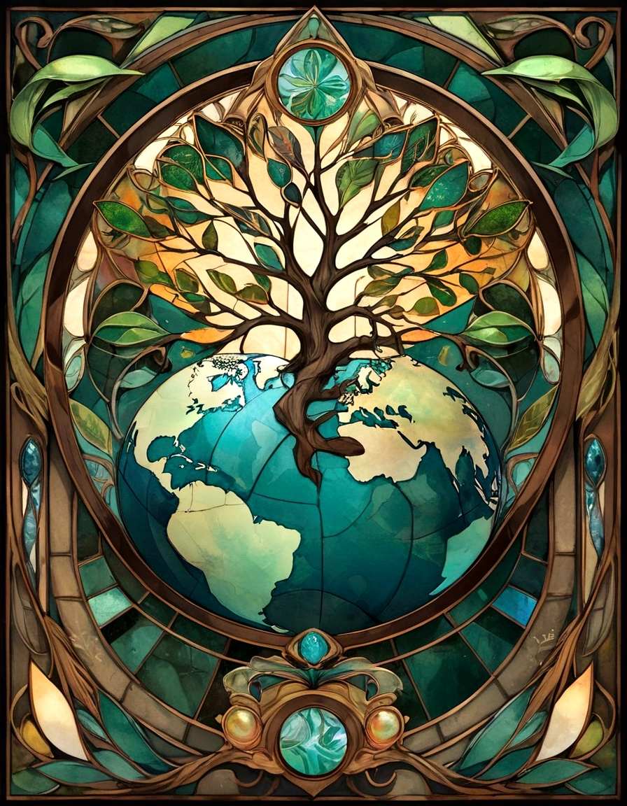 Create a series of images for the element earth inspired by the aesthetics of a detailed stained glass art with defined lines and vivid colors that mimic and remind us of a bygone fantasy era. The element of earth has dark greens, browns, ochers and earth tones. Incorporate leaf and rock elements, with sturdy leaves and branch details. Some symbol or object such as a hammer or staff with an earth motif.