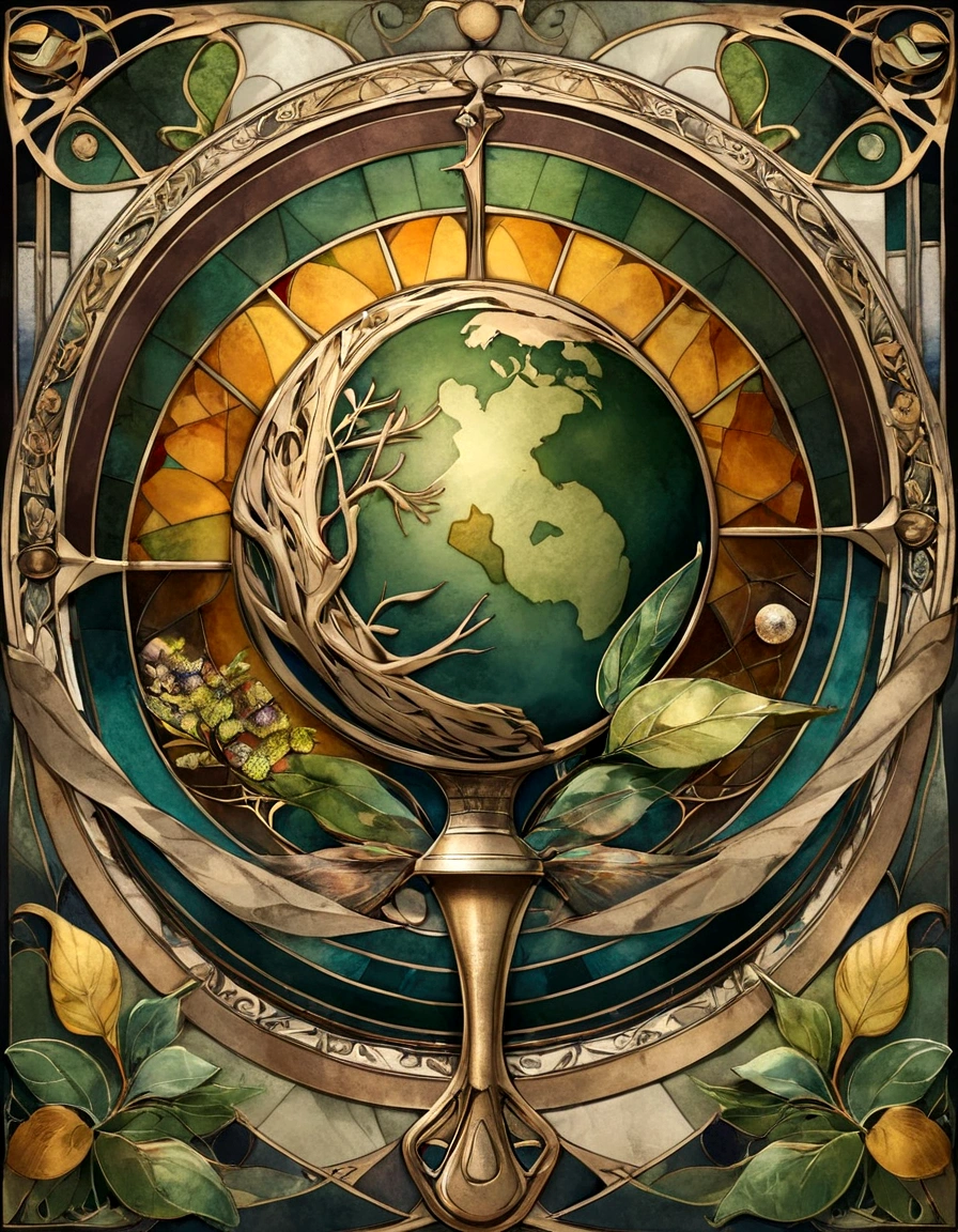 Create a series of images for the element earth inspired by the aesthetics of a detailed stained glass art with defined lines and vivid colors that mimic and remind us of a bygone fantasy era. The element of earth has dark greens, browns, ochers and earth tones. Incorporate leaf and rock elements, with sturdy leaves and branch details. Some symbol or object such as a hammer or staff with an earth motif.