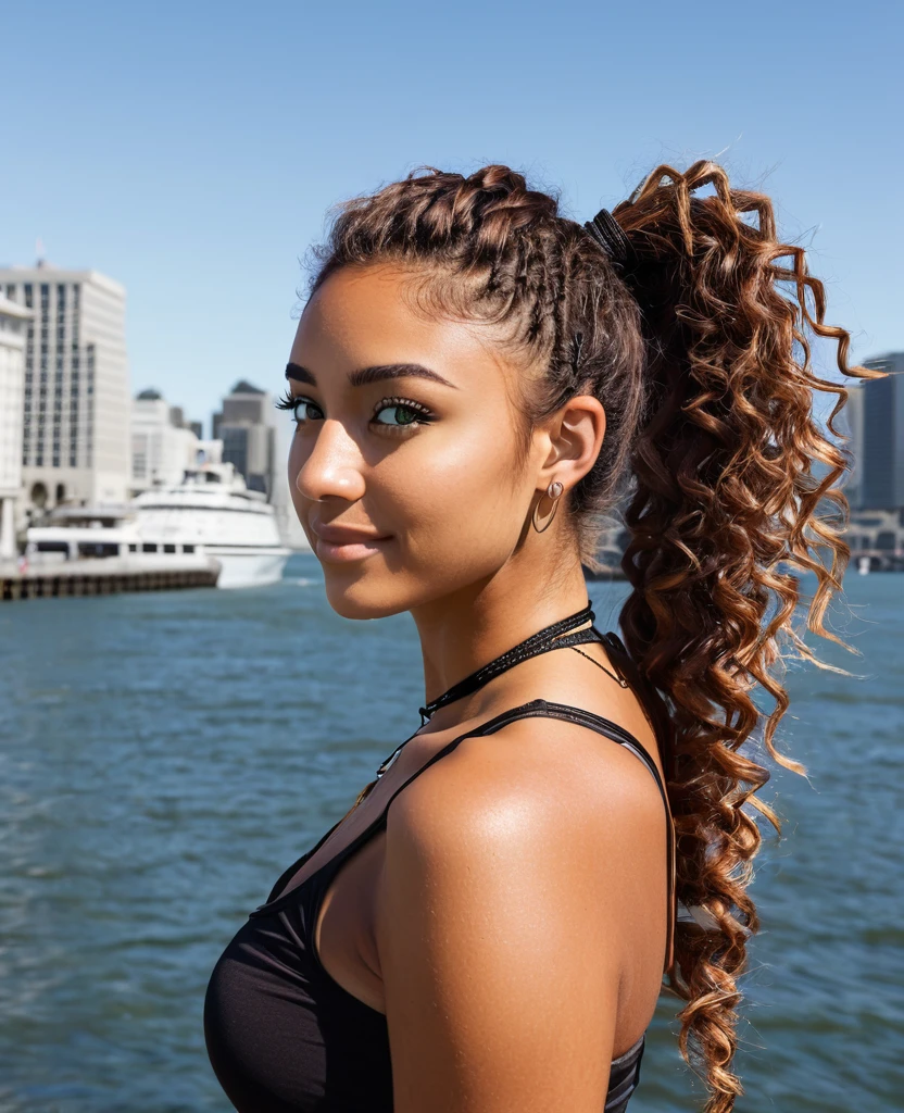 slightly tall young woman, light brown skin, light green eyes. Long brown curly hair with a ponytail braid, wearing a black mesh tank top, necklace, black neck chocker, nose piercing, transparent lipgloss, slim built, very beautiful, late adolescent, 19 years old, full body photo, long legs, walking along the Embarcadero in downtown San Fransisco, daytime 