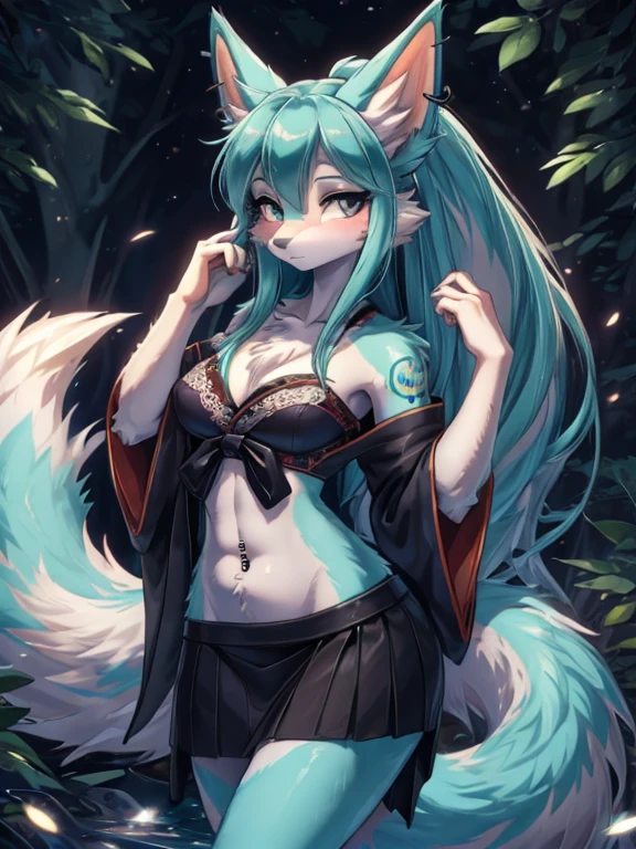  5 girls, harem,Chica anime, anime style, cute hatsune miku x suicune, shy girl , Orejas de Kitsune, arte de dark natasha, autum forest landscape, arte de vixen aztra, cuerpo completo, patas hermosas, cintura delgada, caderas amplias, piernas torneadas, hermosa, foto de cuerpo completo, sensual navel blouse, black skirt, navel piercing, ear piercing, navel tattoo, shy pose, back pose, hands up,  black body, beatifull and detailed hands, kimono, 