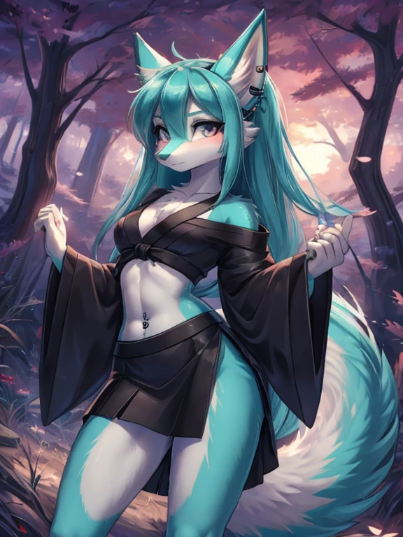 5 girls, harem,Chica anime, anime style, cute hatsune miku x suicune, shy girl , Orejas de Kitsune, arte de dark natasha, autum forest landscape, arte de vixen aztra, cuerpo completo, patas hermosas, cintura delgada, caderas amplias, piernas torneadas, hermosa, foto de cuerpo completo, sensual navel blouse, black skirt, navel piercing, ear piercing, navel tattoo, shy pose, back pose, hands up, black body, beatifull and detailed hands, kimono,