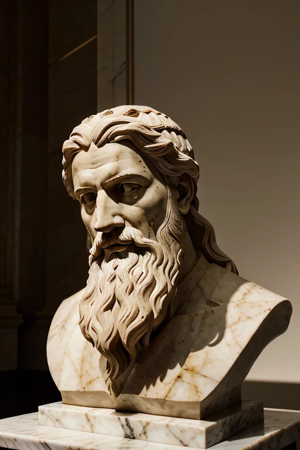 "A striking white marble bust statue of the wise philosopher Epictetus, meticulously carved in the style of a bearded Greek philosopher, displayed in a museum. The scene is set with a dark, moody atmosphere, featuring high contrast lighting that creates dramatic shadows and highlights. The professional, ultra-realistic photograph captures the volumetric light and cinematic quality, emphasizing the statue's intricate details and lifelike presence."
