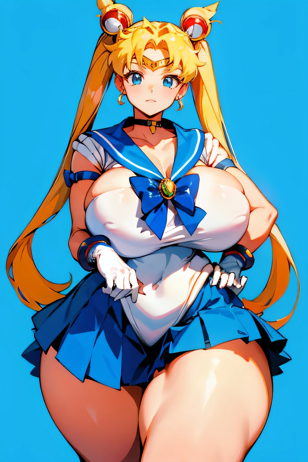 Venus Body,One girl,alone,(Huge breasts:1.1),Huge hips,Wide Hips,Thick thighs,(Huge thighs:1.3),Sailor Warrior Uniform, Sailor Moon, Blonde Hair, Magical girl, blue eyes, Blue Skirt, Elbow-length gloves, tiara, Pleated skirt , blue sailor necklace, mini skirt, choker, blue choker, White gloves, Double Buns,Very long twin tails, jewelry, Earrings