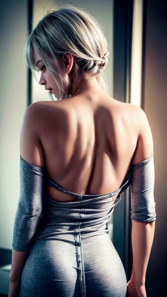 there is a woman sitting on a bed with her back turned, back - shot, bare back, backview, photographed from the back, seen from the back, showing her shoulder from back, back shot, photographed from behind, waist reaching ponytail, back - view, from the back, picture from behind, view from the back, from back, back pose