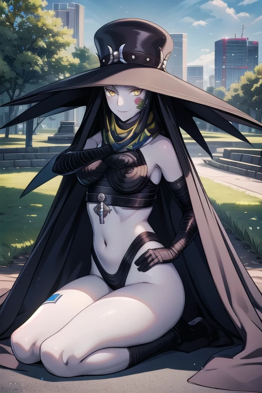 Masterpiece, best quality, Scathach, solo, female1, shin megami tensei, cape hat, flower tattoo, gloves, white skin, (yellow eyes 1.1), flowing, sitting, shirt, smile, park, city