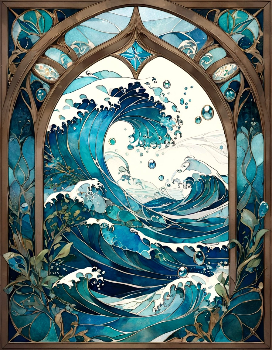 Create a series of images for the element water inspired by the aesthetics of a detailed stained glass art with defined lines and vivid colors that mimic and remind us of a bygone fantasy era. The element of water with details and embellishments inspired by waves and water currents. deep blues, turquoises, sea greens and sparkling whites. Incorporate elements of water and bubbles, with water leaves and wave details. Symbols or objects such as a trident or a stick with a water motif. Hide a man representing air with the same stain glass