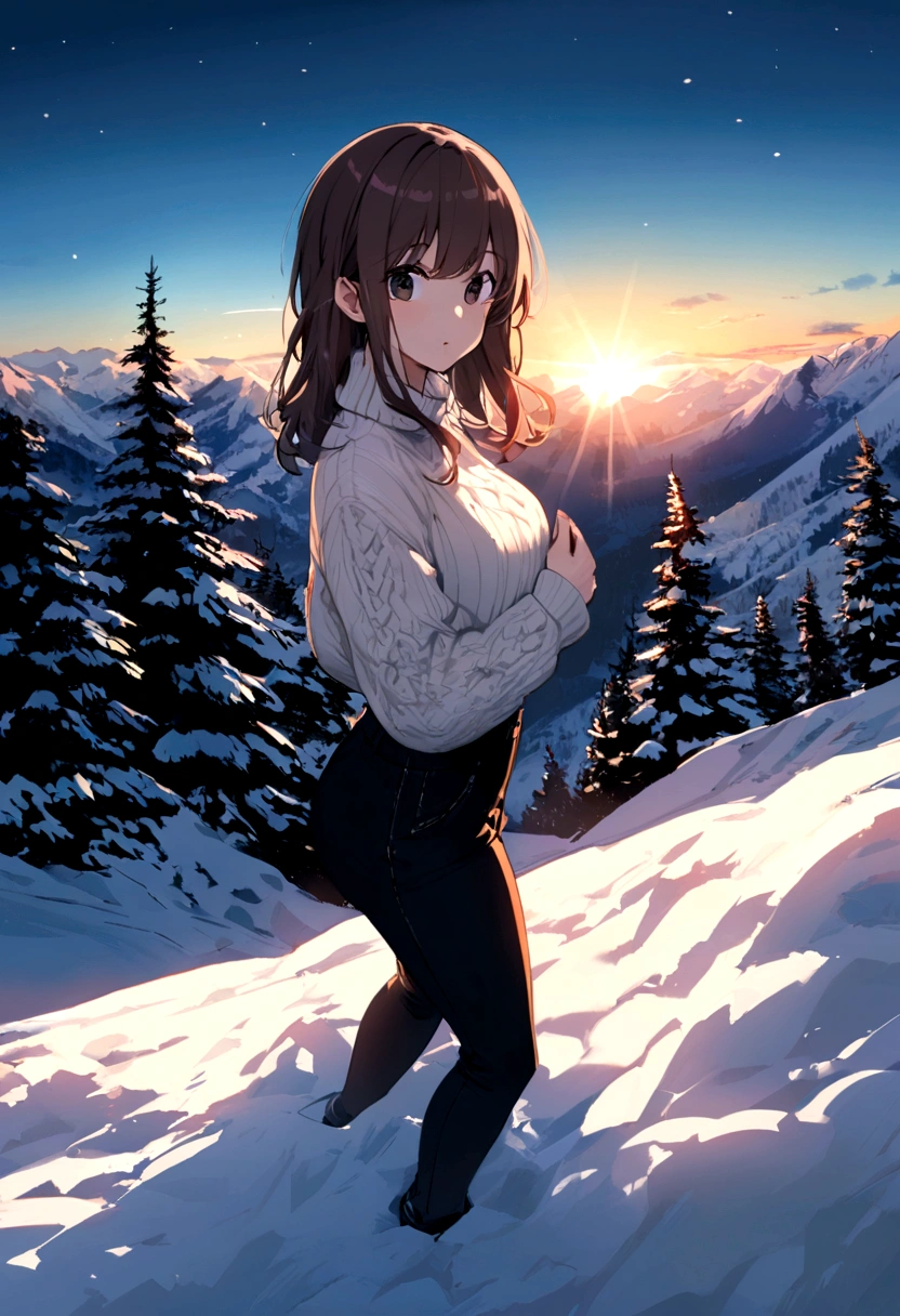 description: A beautiful brown-haired girl with sparkling black eyes.Outfit: She's wearing a cozy white knit sweater and high-waisted black jeans, perfect for the cool mountain air.Pose and Environment: Standing on a rocky ledge in the mountains, surrounded by pine trees and a breathtaking view of snow-capped peaks.Camera Angle: The camera is positioned behind her, capturing her looking out over the valley with the sun setting in the distance.