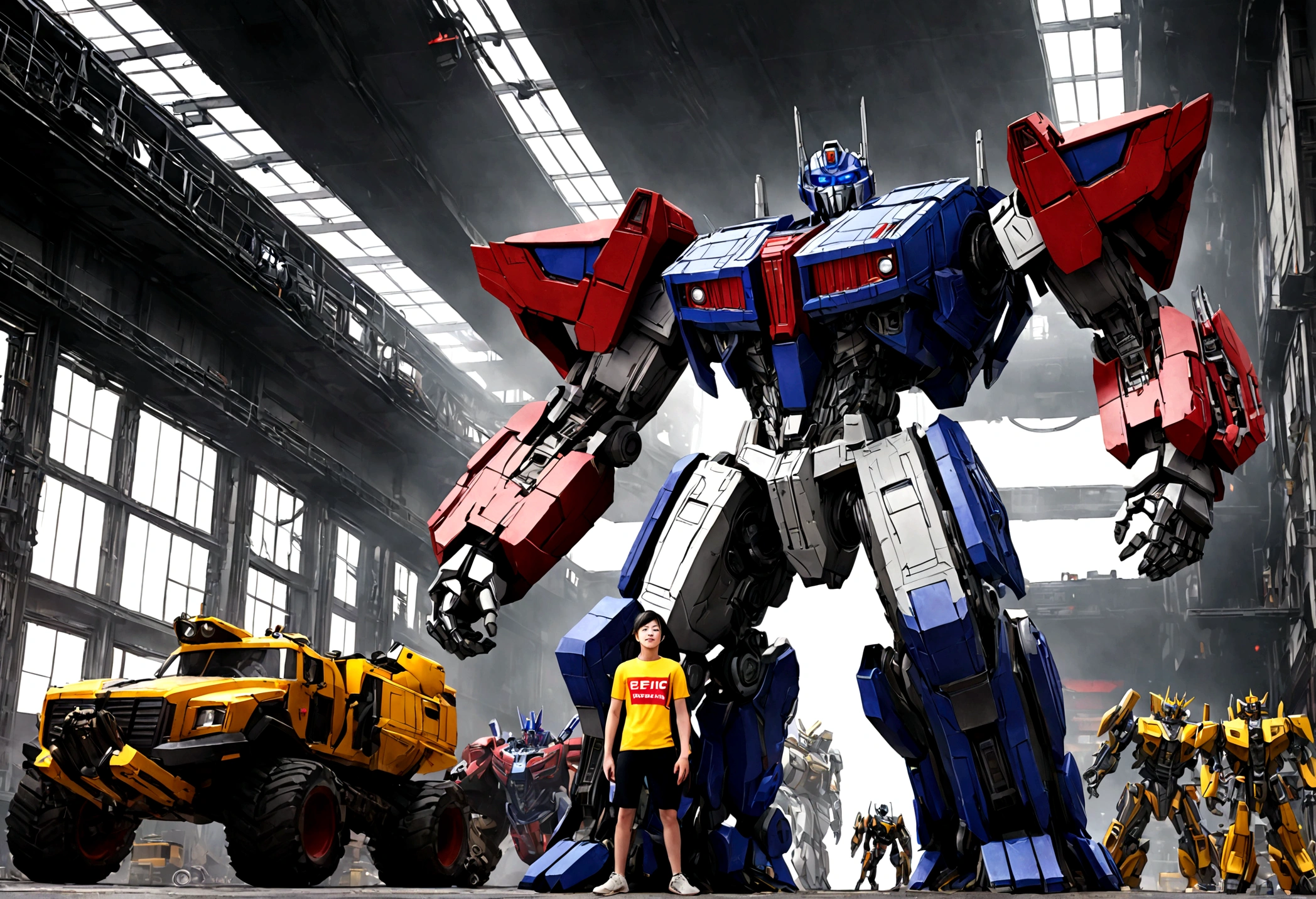 detailed photo of Optimus Prime, Ai Ohto, Ekkarit, Masiha, Bumblebee, Metroplex, Megatron, Blackout, cinematic lighting, dynamic angle, highly detailed mecha design, intricate machinery, complex futuristic environment, dramatic color palette, photorealistic, 8k, (best quality,4k,8k,highres,masterpiece:1.2),ultra-detailed,(realistic,photorealistic,photo-realistic:1.37),hyper detailed mecha characters, industrial setting, epic sci-fi scene, powerful dynamic poses, complex machinery and technology, cinematic lighting and atmosphere, gritty and realistic textures, advanced 3D rendering, stunning visual effects