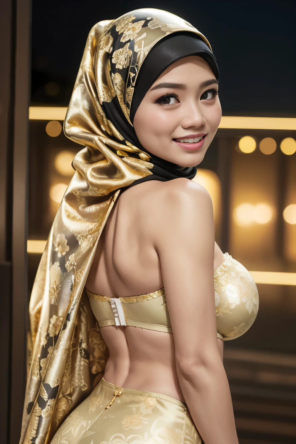 ((Lace)), (Happy smile), (((HIJAB MALAY GIRL))), masutepiece, High quality, UHD 32K, Realistic face, Realistic skin feeling , A Japanese Lady, 58 years old lady, , Very cute and baby-like face, (((FLAT CHEST))), (Night time at forest), ((look In front at the camera and SADNESS)), (((GOLD FLUORESCENT))), (((CUTE GIRL))), ((GOLD FLUORESCENT LIPS)), ((Floral Pattern)) little wearing strapless bra, strapless colorful bra, dark night background , black forest night, horror scary place, (huge saggy breast), ((HEAVY HUGE BREASTS)), (from behind up) seductive pose
