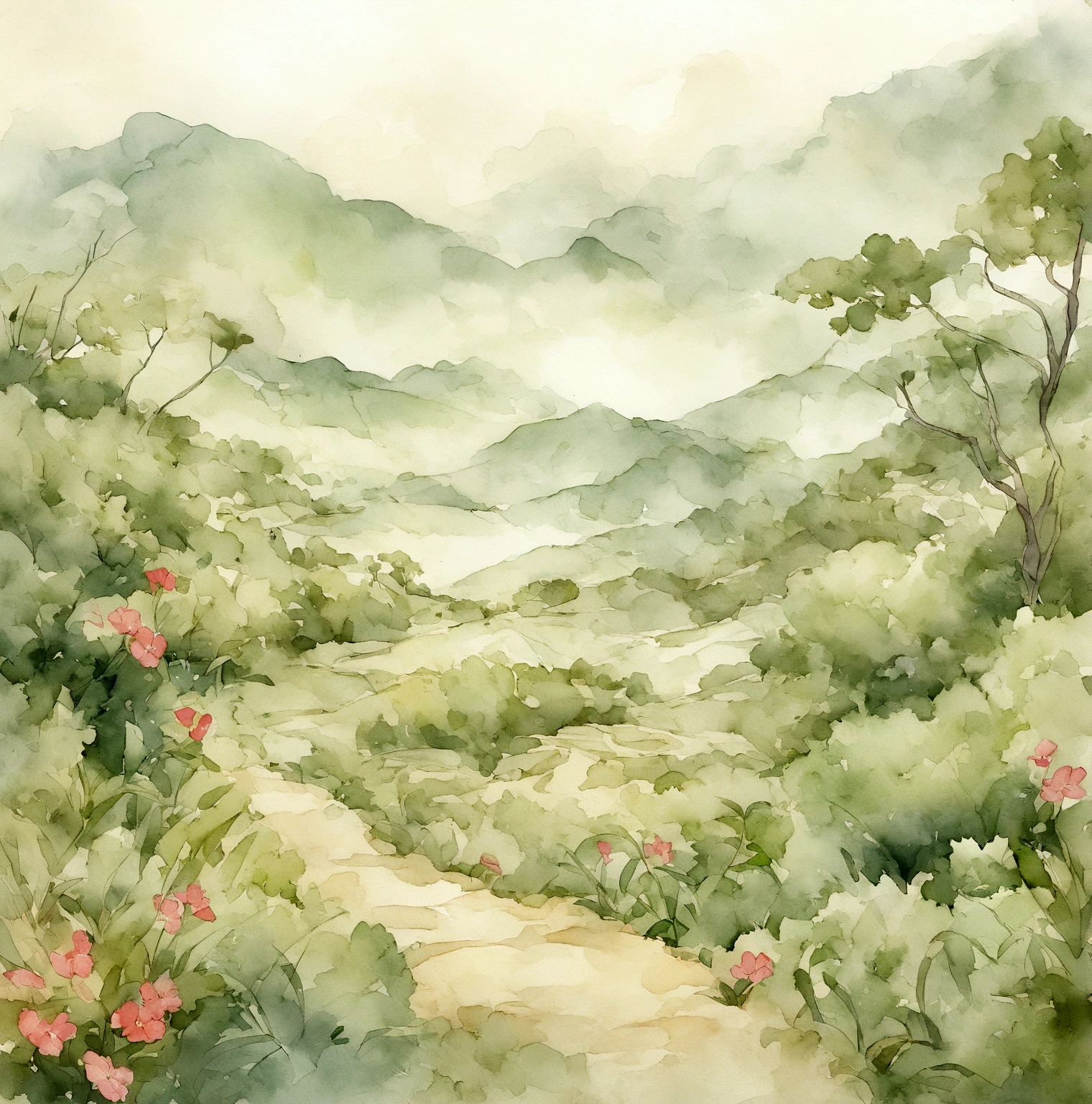 Transform this photograph into a watercolor-style drawing with clear lines. The image should capture the essence of the Cerrado biome, highlighting the local vegetation, landscapes, flowers, plants, and animals. Keep the details sharp, but apply a soft, watercolor texture. The illustration should have an artistic touch that highlights the natural beauty of the Serra do Espinhaço and the Serra do Cipó