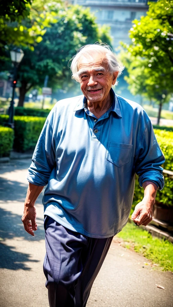 a cheerful old man, detailed face, detailed eyes, detailed lips, 1 elderly man, walking away, smiling, casual clothes, intricate details, dynamic pose, detailed background, photorealistic, cinematic lighting, vibrant colors, lush environment, high resolution, 8k, best quality, hyper detailed, award winning