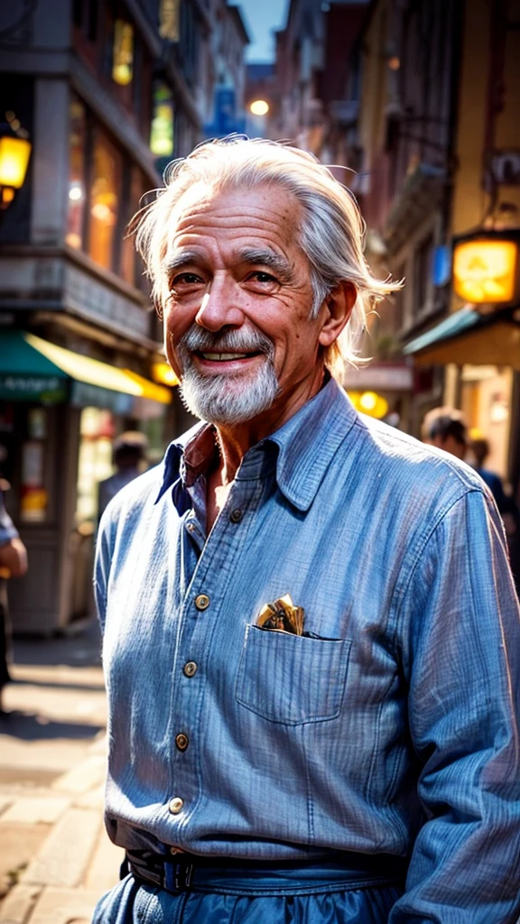 a cheerful old man, detailed face, detailed eyes, detailed lips, 1 elderly man, walking away, smiling, casual clothes, intricate details, dynamic pose, detailed background, photorealistic, cinematic lighting, vibrant colors, lush environment, high resolution, 8k, best quality, hyper detailed, award winning