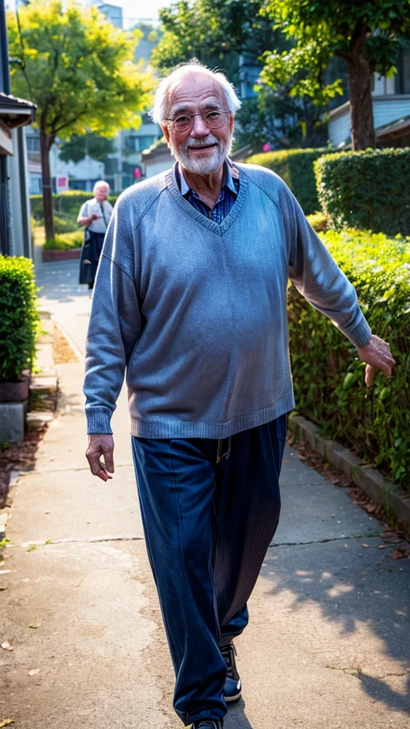 a cheerful old man, detailed face, detailed eyes, detailed lips, 1 elderly man, walking away, smiling, casual clothes, intricate details, dynamic pose, detailed background, photorealistic, cinematic lighting, vibrant colors, lush environment, high resolution, 8k, best quality, hyper detailed, award winning