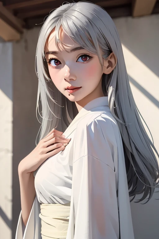 (masterpiece, highest quality), Cute single girl、Cute Girls、Cute angel:1.5、White Robe、It has wings、Gray Hair、Red Eyes、head to waste、
