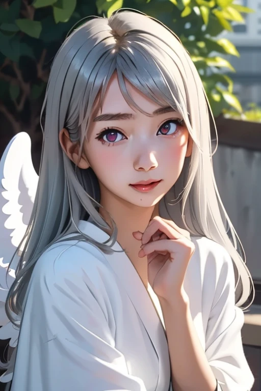 (masterpiece, highest quality), Cute single girl、Cute Girls、Cute angel:1.5、White Robe、It has wings、Gray Hair、Red Eyes、head to waste、